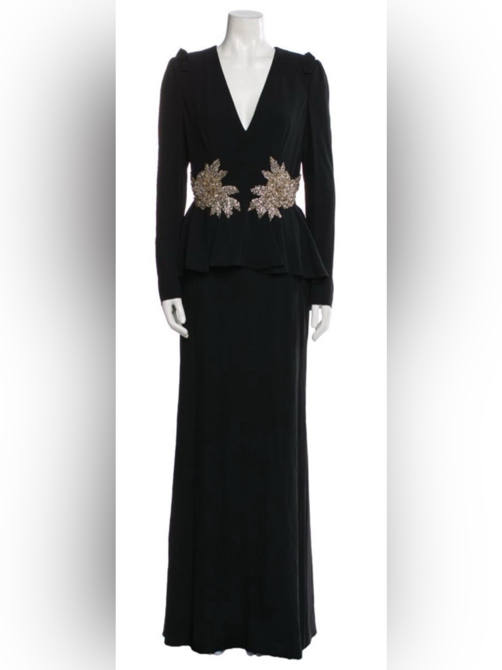Alexander McQueen Black Long-Sleeve Peplum Gown with Gold Embellishment.